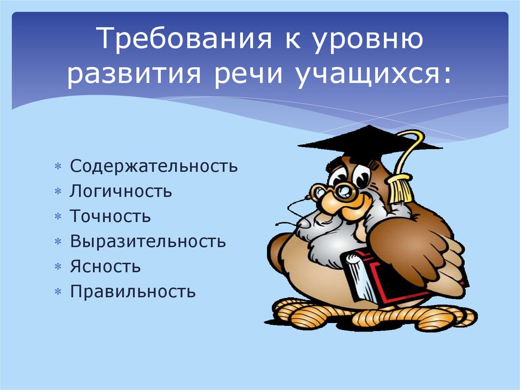 Требования к уровню развития речи учащихся: