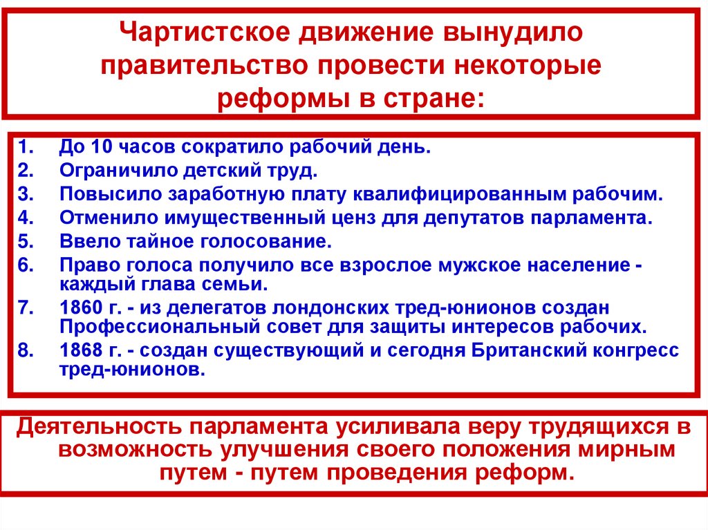 Чартистское движение вынудило правительство провести некоторые реформы в стране: