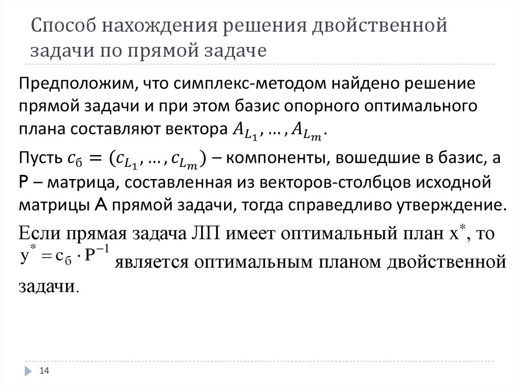Способ нахождения решения двойственной задачи по прямой задаче