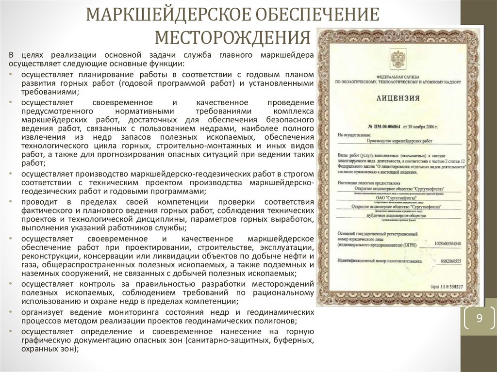 МАРКШЕЙДЕРСКОЕ ОБЕСПЕЧЕНИЕ МЕСТОРОЖДЕНИЯ