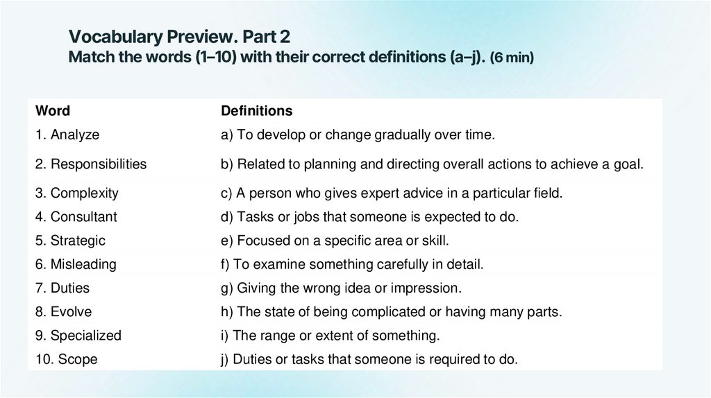 Vocabulary Preview. Part 2 Match the words (1–10) with their correct definitions (a–j). (6 min)