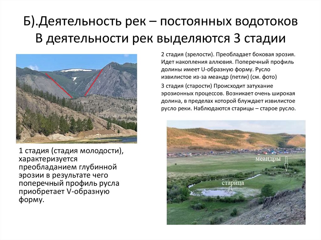 Б).Деятельность рек – постоянных водотоков В деятельности рек выделяются 3 стадии