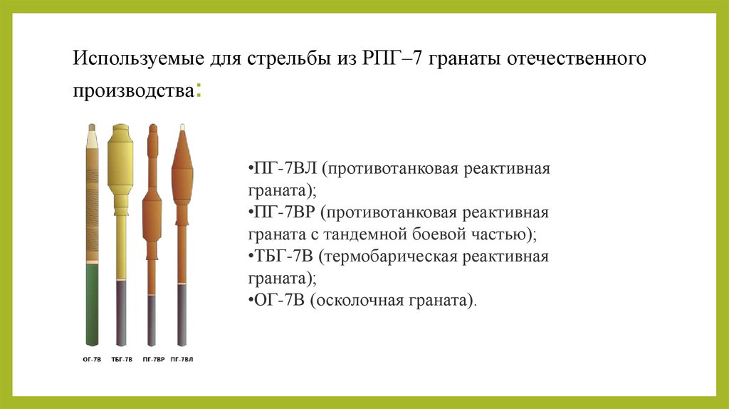 Используемые для стрельбы из РПГ–7 гранаты отечественного производства: