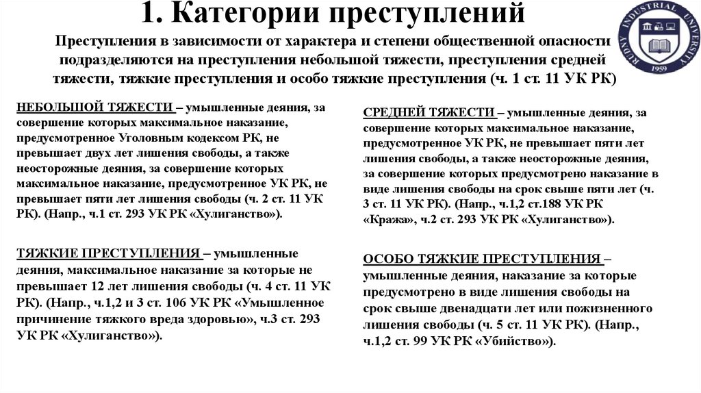 1. Категории преступлений Преступления в зависимости от характера и степени общественной опасности подразделяются на