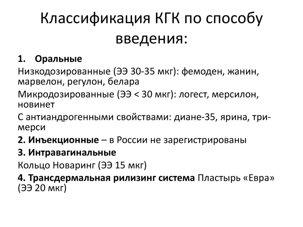 Классификация КГК по способу введения: