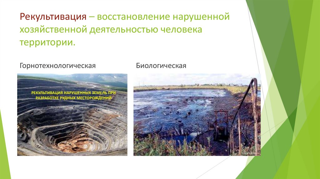 Рекультивация – восстановление нарушенной хозяйственной деятельностью человека территории.