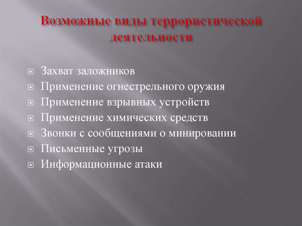 Возможные виды террористической деятельности