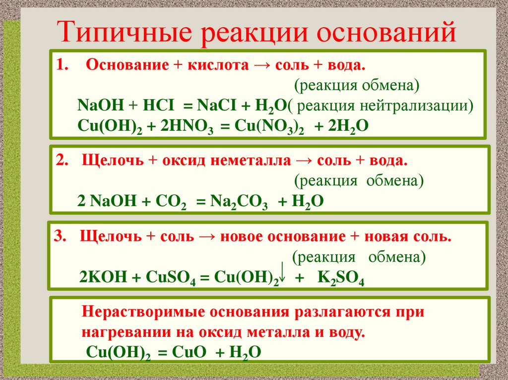 Типичные реакции оснований