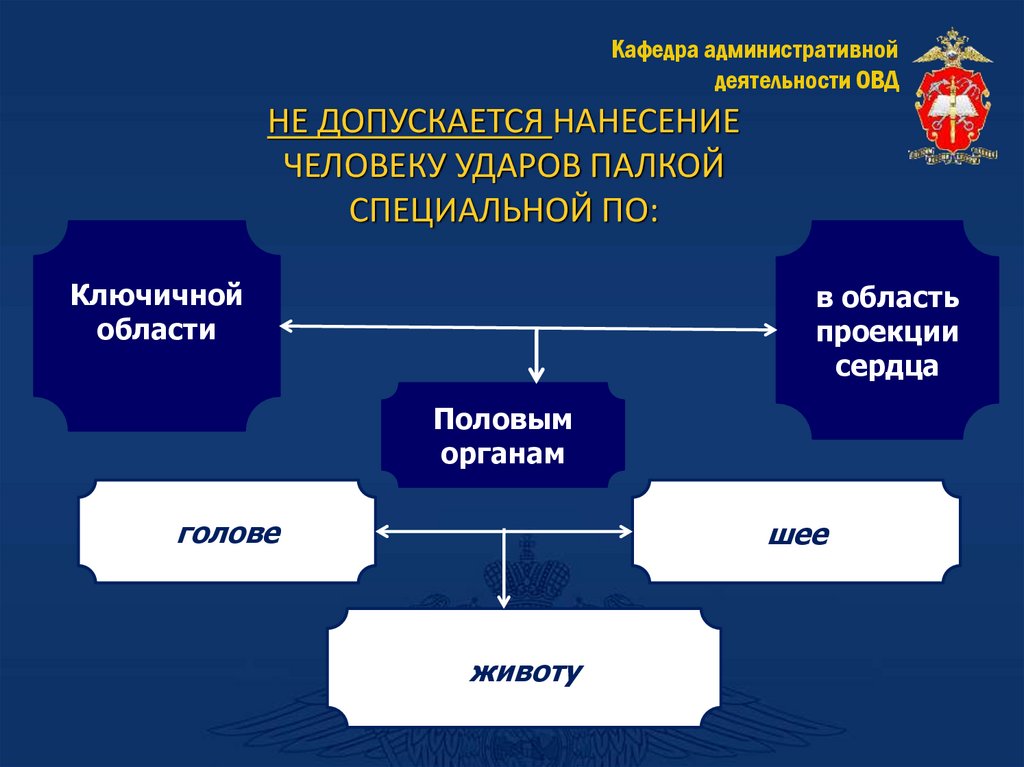 НЕ ДОПУСКАЕТСЯ НАНЕСЕНИЕ ЧЕЛОВЕКУ УДАРОВ ПАЛКОЙ СПЕЦИАЛЬНОЙ ПО:  