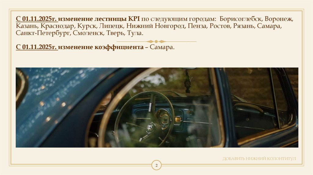 С 01.11.2025г. изменение лестницы KPI по следующим городам: Борисоглебск, Воронеж, Казань, Краснодар, Курск, Липецк, Нижний