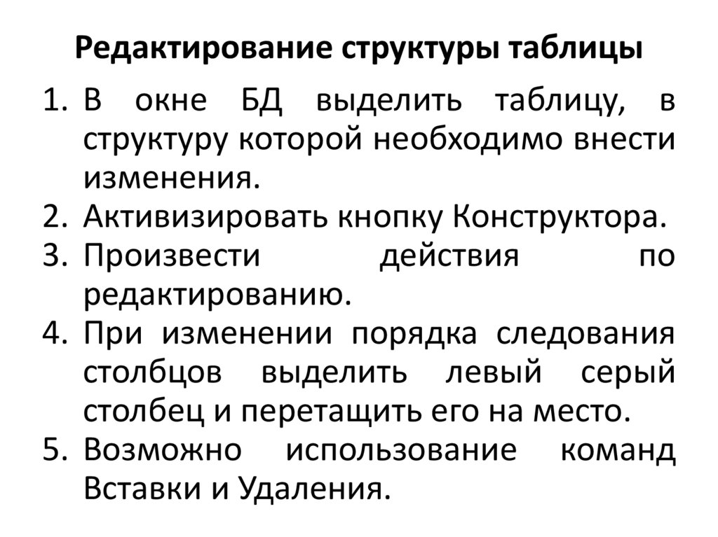 Редактирование структуры таблицы