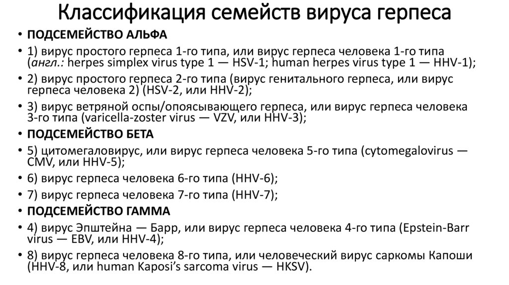 Классификация семейств вируса герпеса