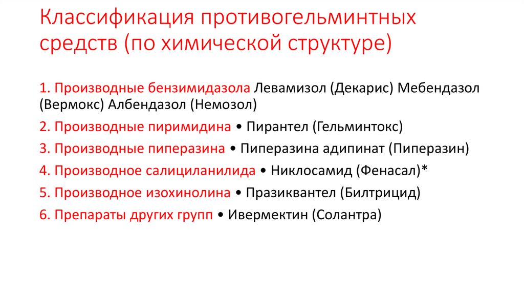 Классификация противогельминтных средств (по химической структуре)