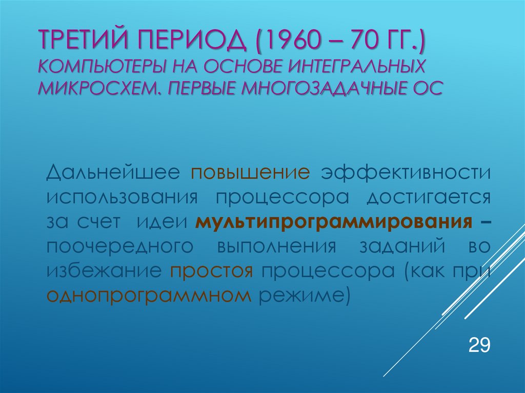 Третий период (1960 – 70 гг.) Компьютеры на основе интегральных микросхем. Первые многозадачные ОС