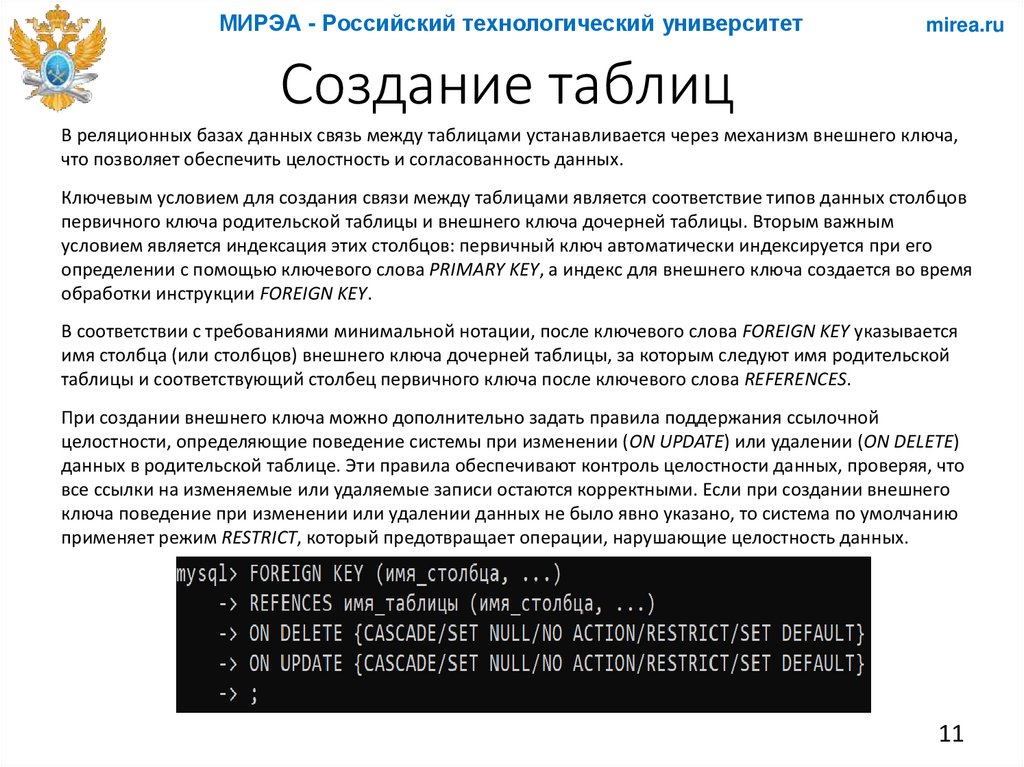 Создание таблиц