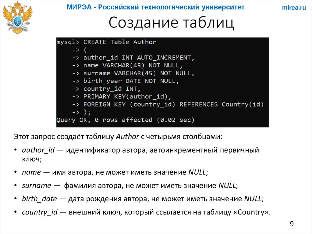 Создание таблиц