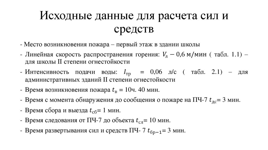 Исходные данные для расчета сил и средств