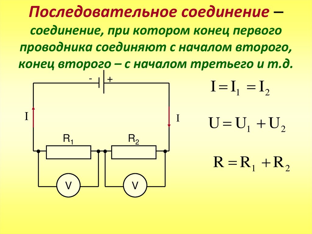 Последовательное соединение – соединение, при котором конец первого проводника соединяют с началом второго, конец второго – с