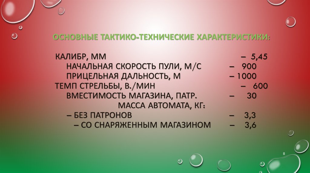 Основные тактико-технические характеристики: Калибр, мм – 5,45 Начальная скорость пули, м/с – 900 Прицельная дальность, м –