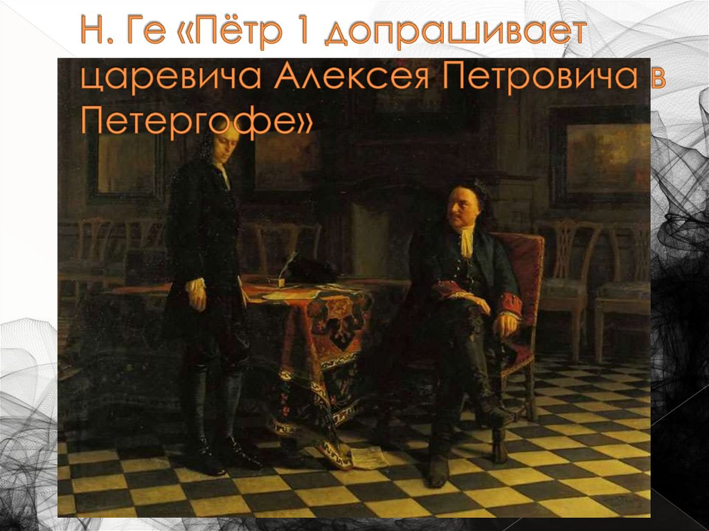 Н. Ге «Пётр 1 допрашивает царевича Алексея Петровича в Петергофе»