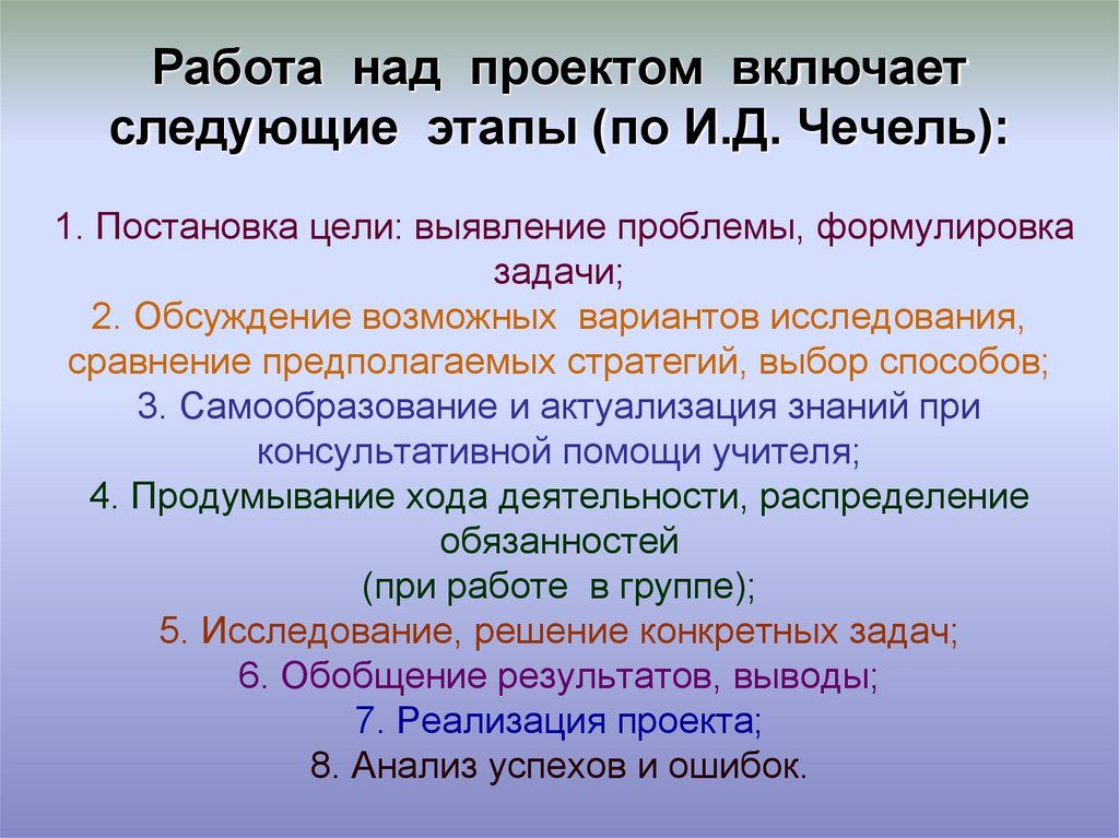 1. Постановка цели: выявление проблемы, формулировка задачи; 2. Обсуждение возможных вариантов исследования, сравнение