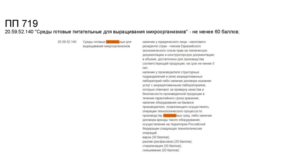 ПП 719 20.59.52.140 "Среды готовые питательные для выращивания микроорганизмов" - не менее 60 баллов;