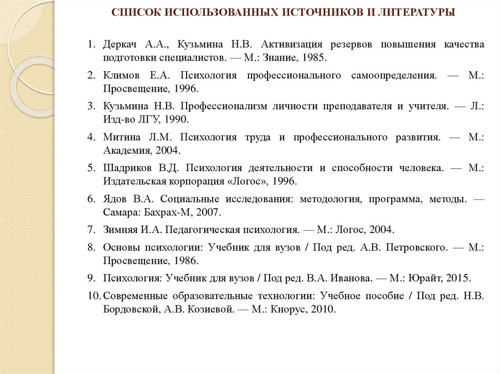 СПИСОК ИСПОЛЬЗОВАННЫХ ИСТОЧНИКОВ И ЛИТЕРАТУРЫ