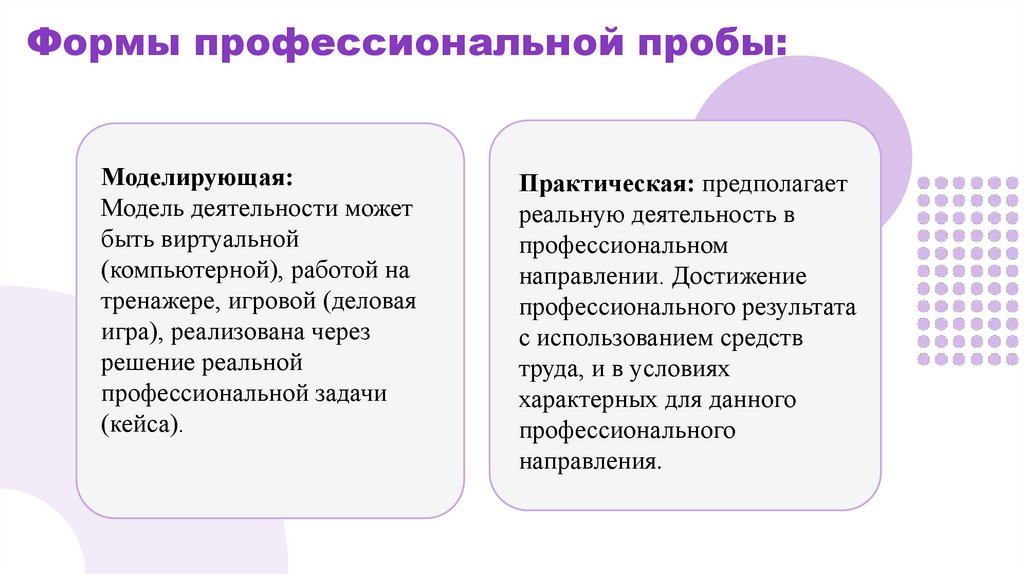 Формы профессиональной пробы: