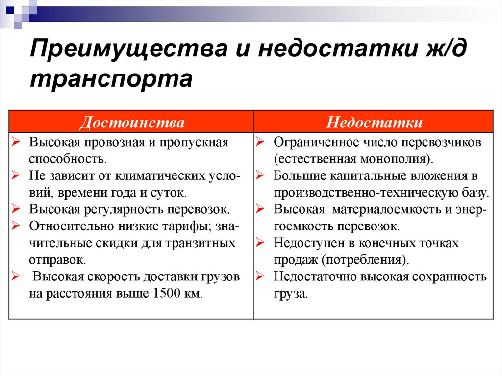 Преимущества и недостатки ж/д транспорта