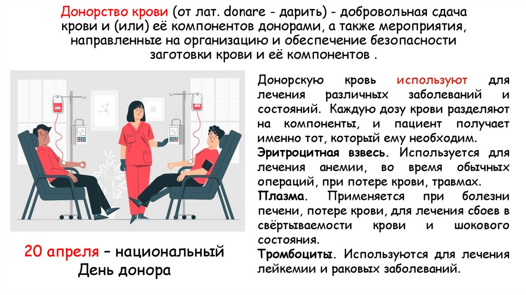 Донорство крови (от лат. donare - дарить) - добровольная сдача крови и (или) её компонентов донорами, а также мероприятия,