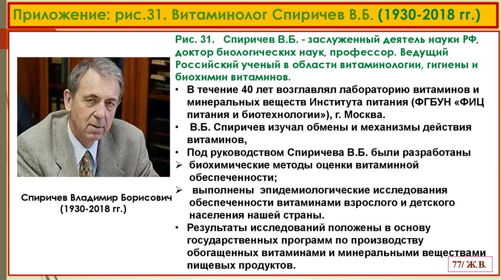 Приложение: рис.31. Витаминолог Спиричев В.Б. (1930-2018 гг.)