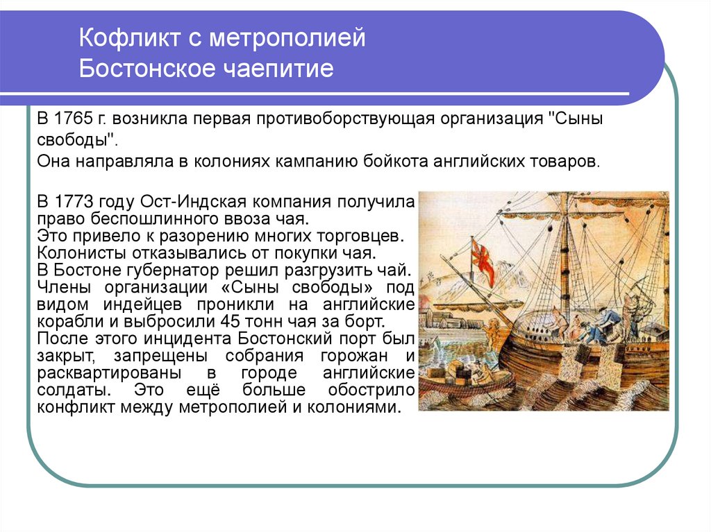 Кофликт с метрополией Бостонское чаепитие