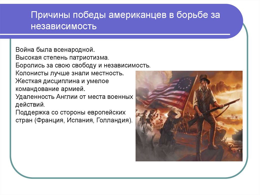 Причины победы американцев в борьбе за независимость