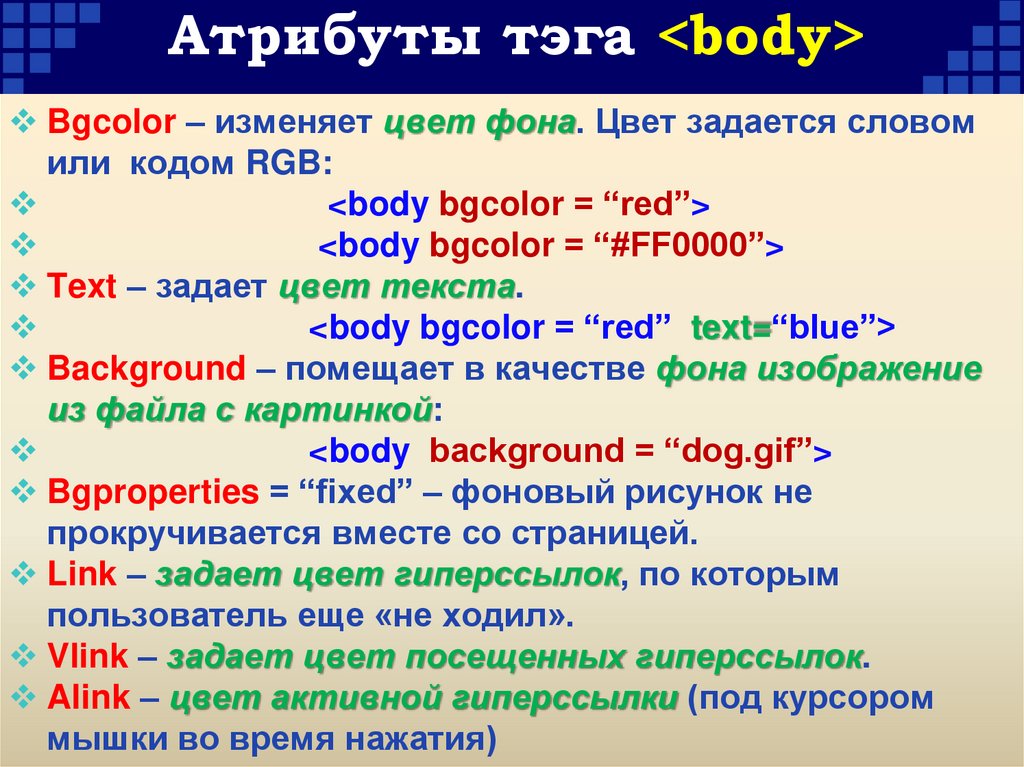 Атрибуты тэга <body>