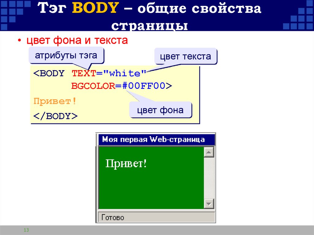 Тэг BODY – общие свойства страницы