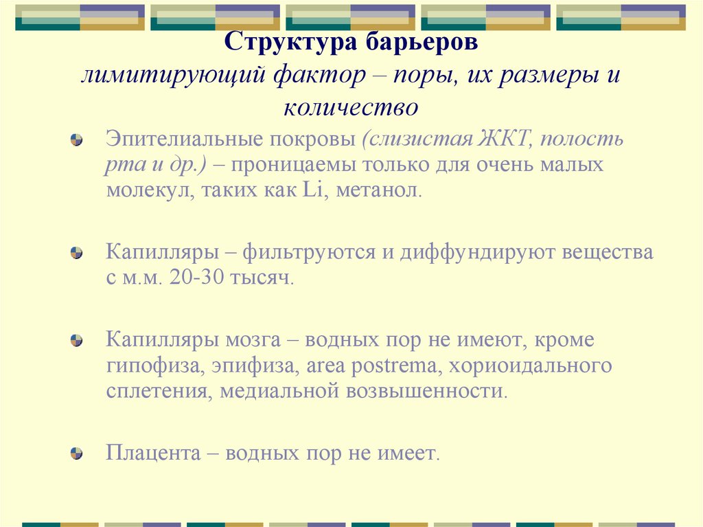 Структура барьеров лимитирующий фактор – поры, их размеры и количество