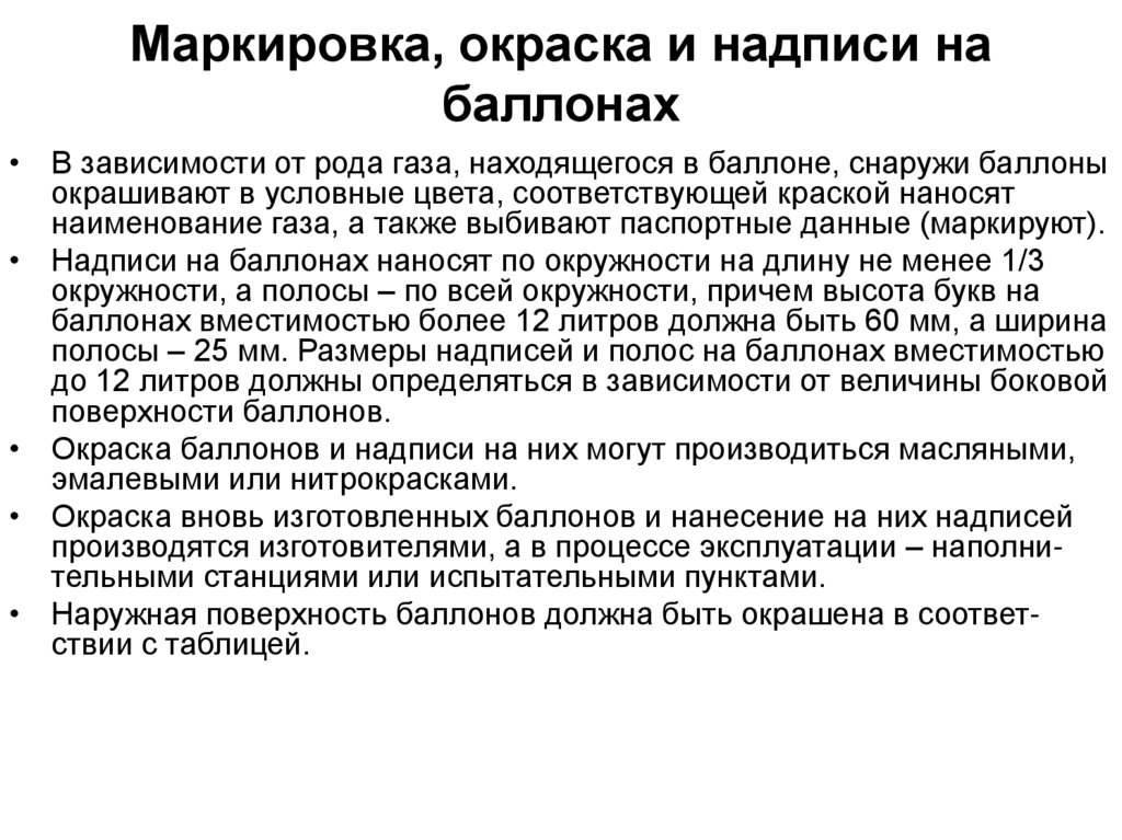 Маркировка, окраска и надписи на баллонах