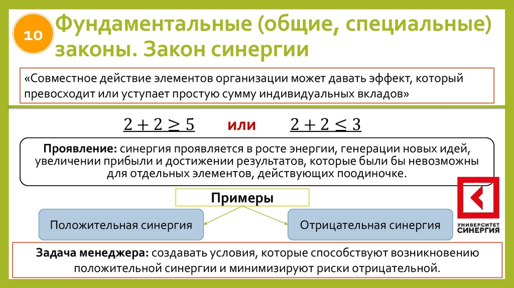 Фундаментальные (общие, специальные) законы. Закон синергии