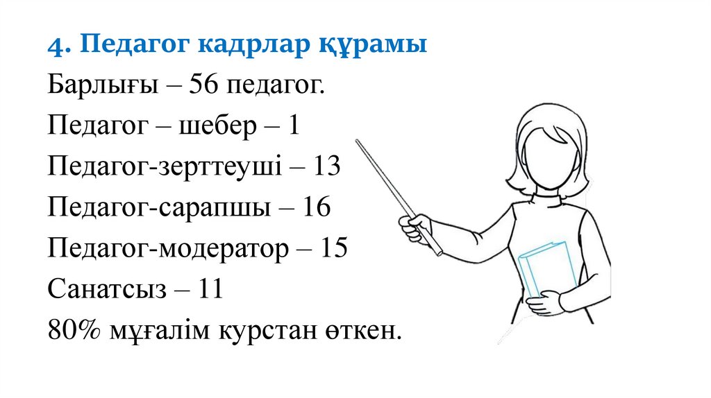 4. Педагог кадрлар құрамы Барлығы – 56 педагог. Педагог – шебер – 1 Педагог-зерттеуші – 13 Педагог-сарапшы – 16