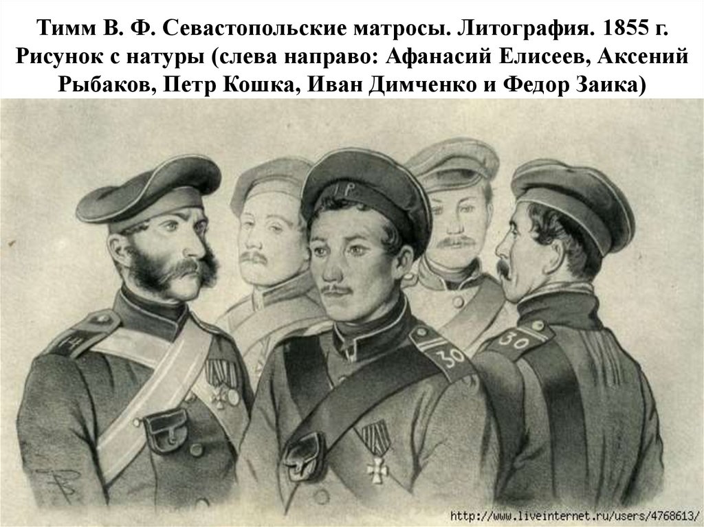 Тимм В. Ф. Севастопольские матросы. Литография. 1855 г. Рисунок с натуры (слева направо: Афанасий Елисеев, Аксений Рыбаков,