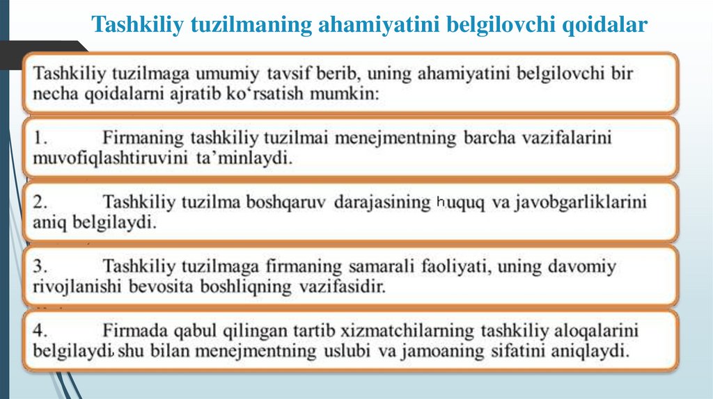 Tashkiliy tuzilmaning ahamiyatini belgilovchi qoidalar