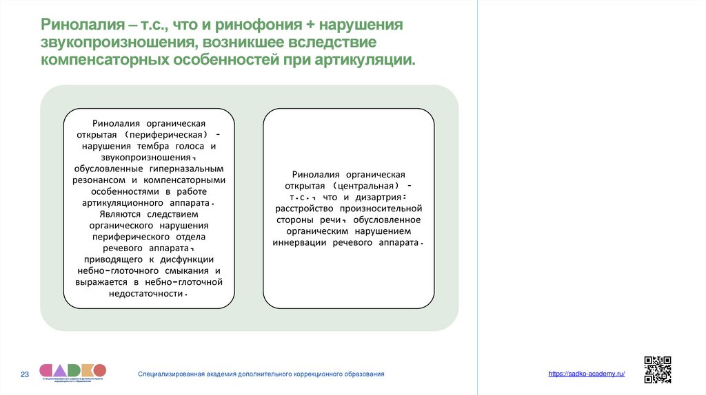 Ринолалия – т.с., что и ринофония + нарушения звукопроизношения, возникшее вследствие компенсаторных особенностей при
