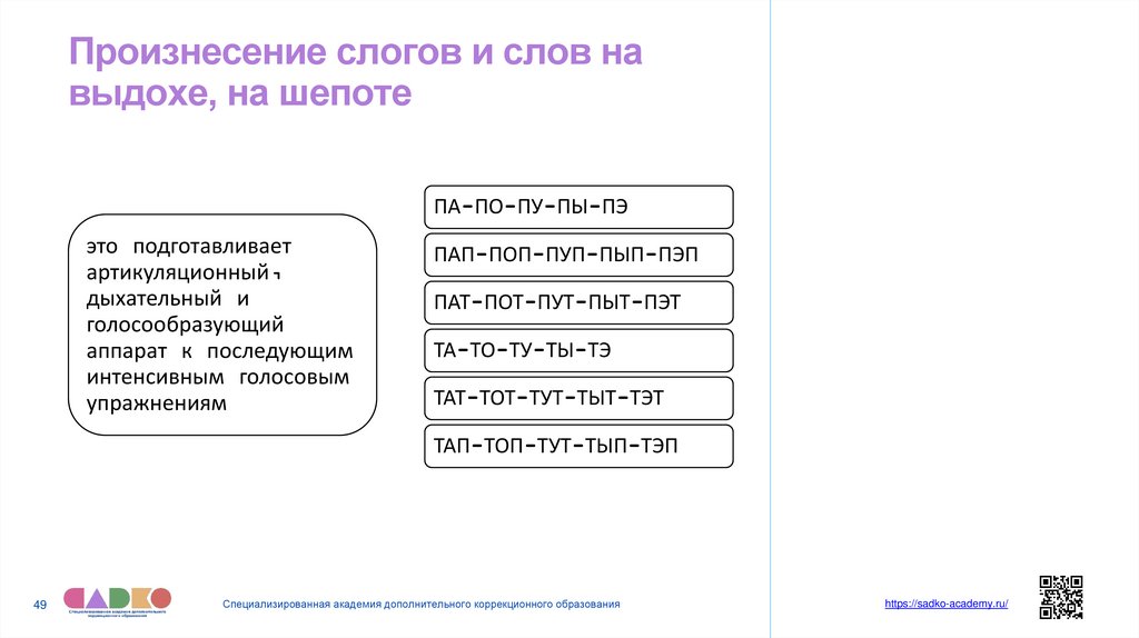 Произнесение слогов и слов на выдохе, на шепоте