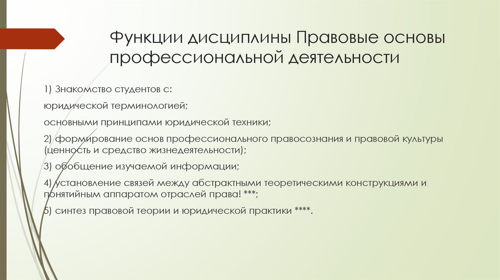 Функции дисциплины Правовые основы профессиональной деятельности