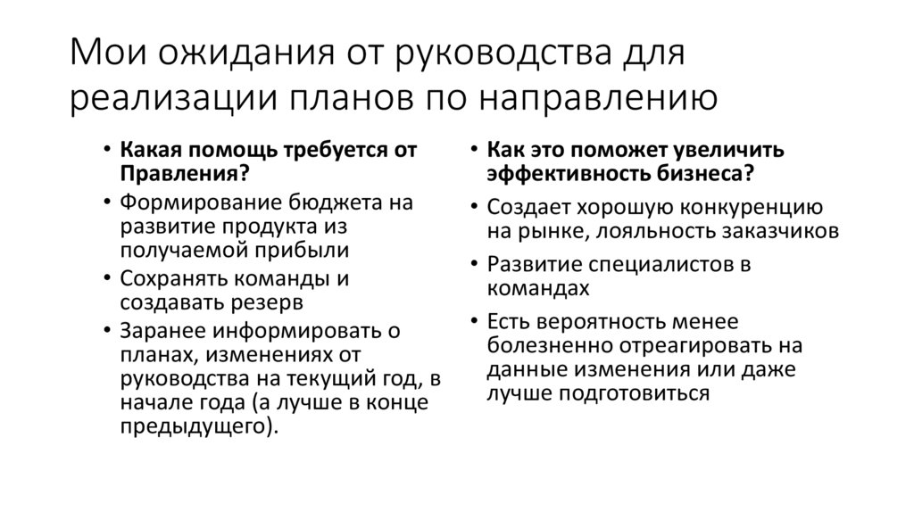 Мои ожидания от руководства для реализации планов по направлению