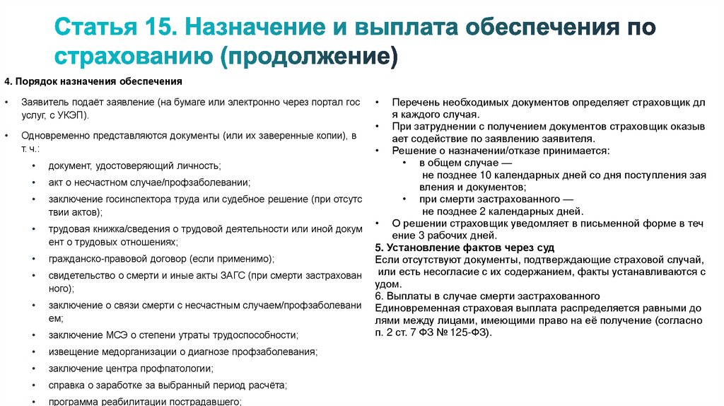 Статья 15. Назначение и выплата обеспечения по страхованию (продолжение)