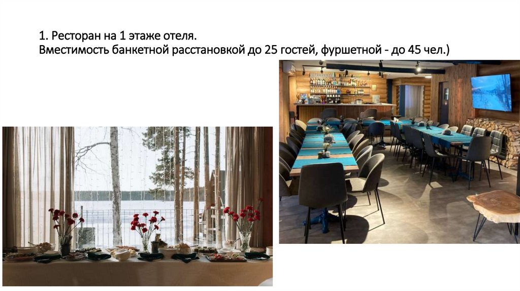 1. Ресторан на 1 этаже отеля. Вместимость банкетной расстановкой до 25 гостей, фуршетной - до 45 чел.)