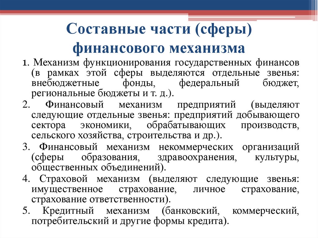 Составные части (сферы) финансового механизма