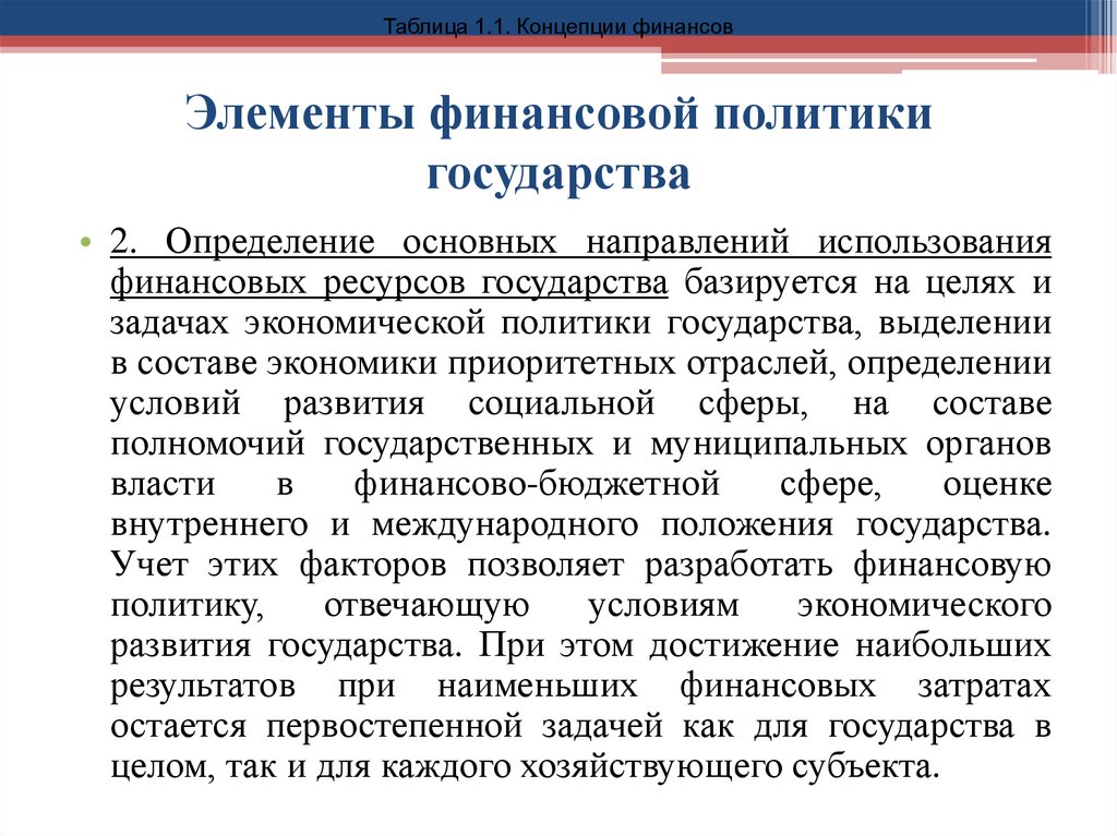 Элементы финансовой политики государства