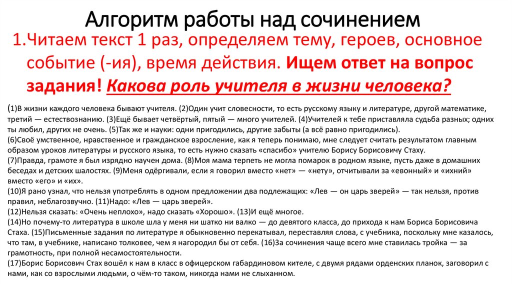 Алгоритм работы над сочинением